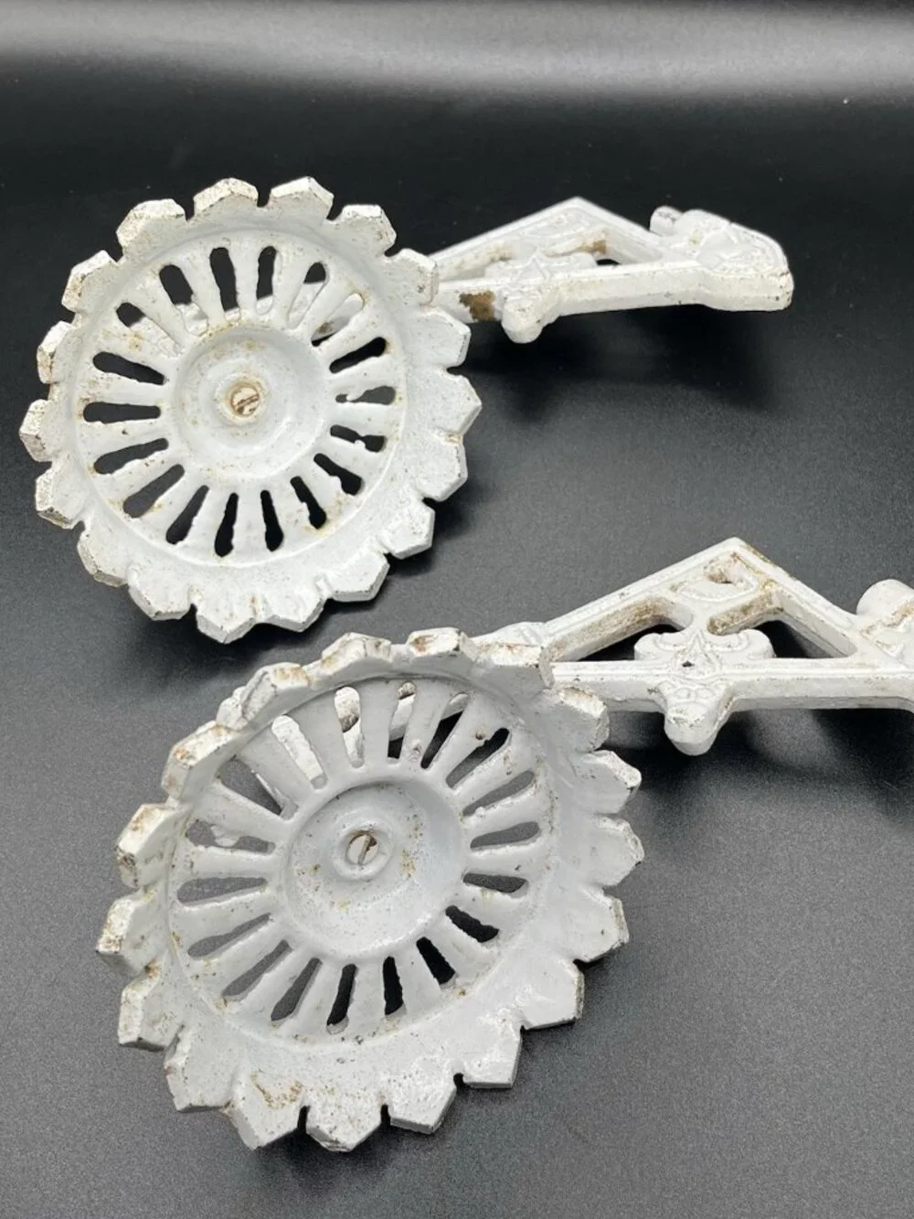 Vintage Gothic Cast Iron Wall Mount Soap Dishes White Architectural Salvage Pair